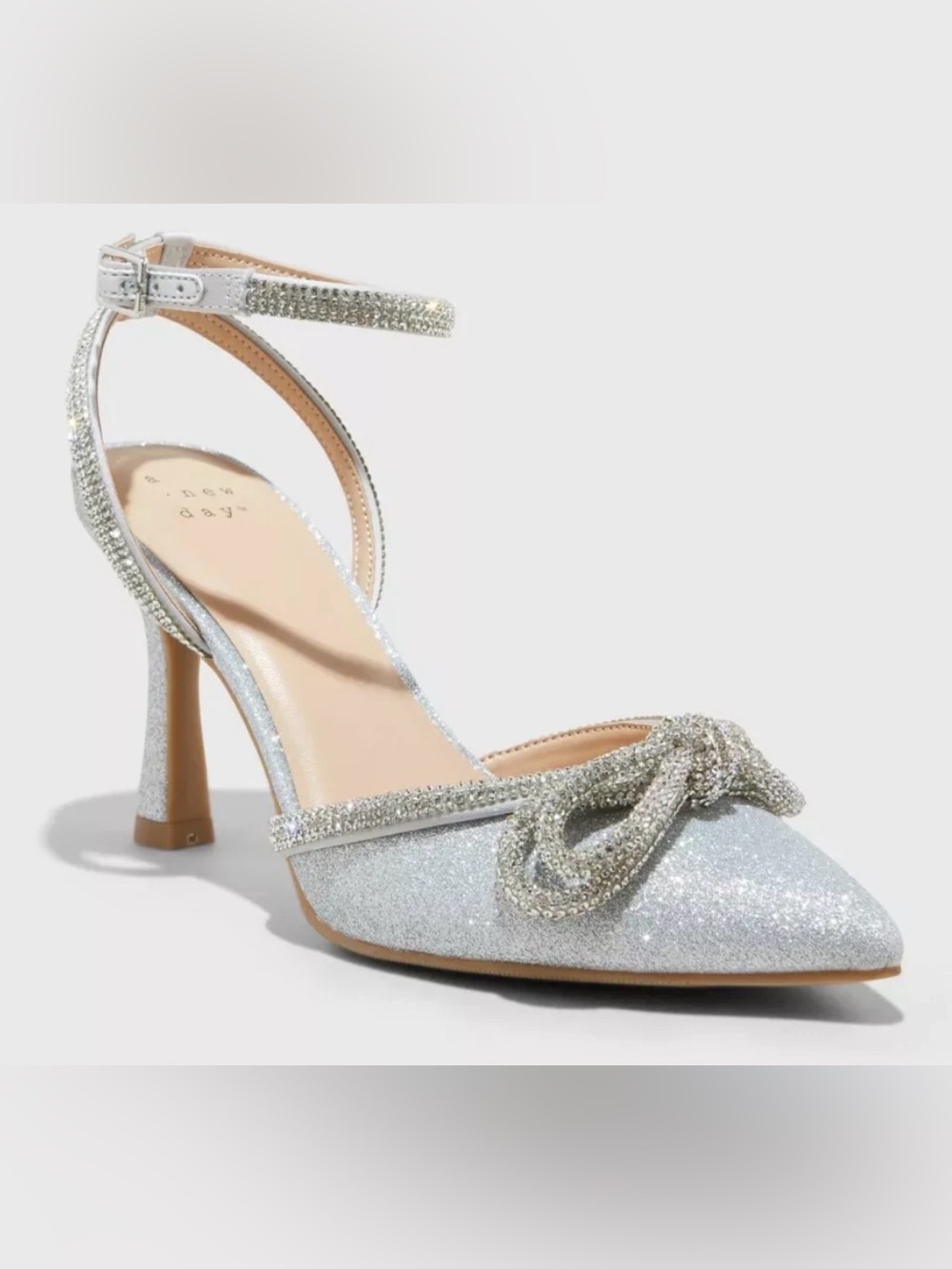 a new day Silver Glitter Pointed Toe Ankle Strap Flats size 7